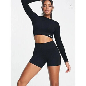 Urban Threads Seamless Long Sleeve Crop Top Biker Short Set Womens Small Black